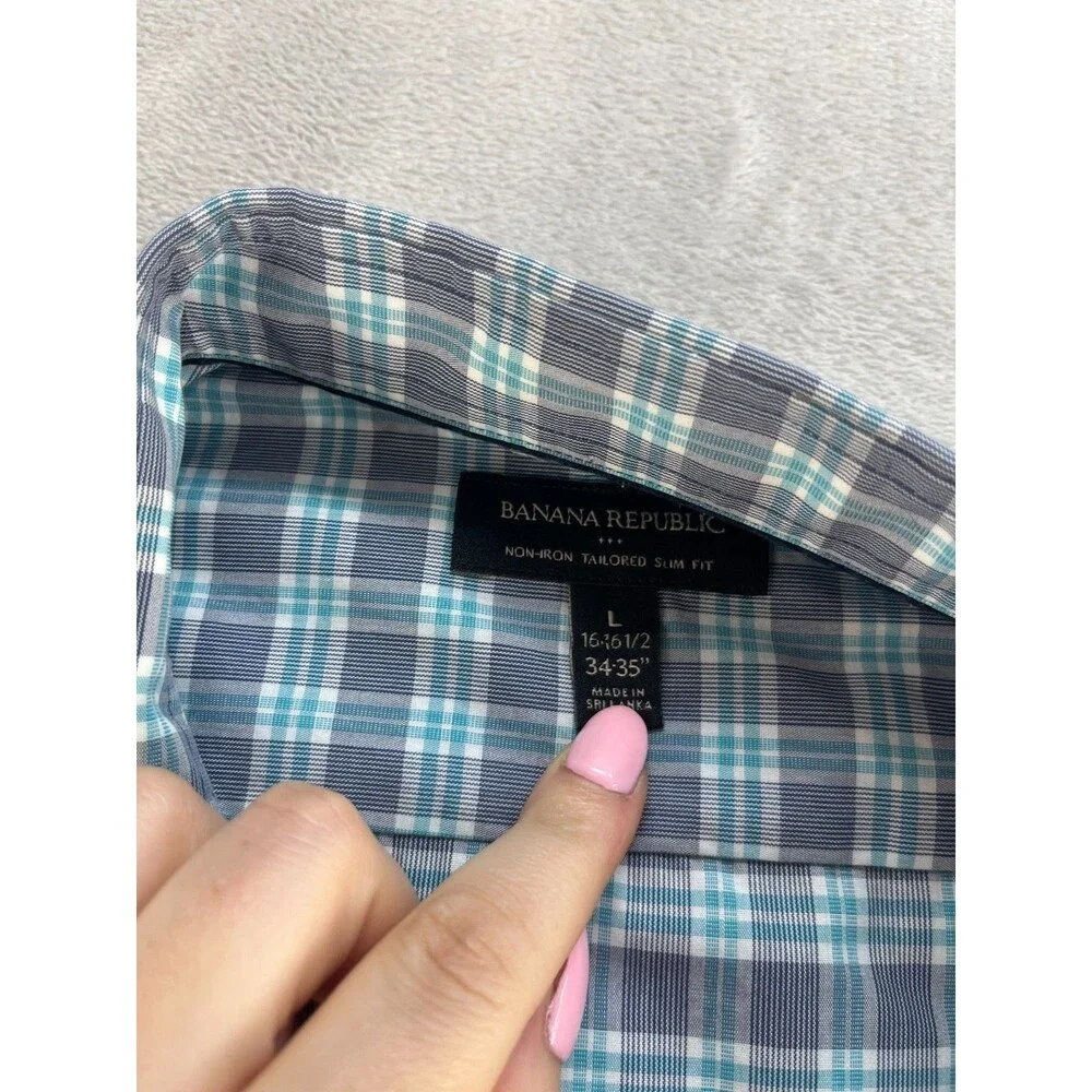 Banana Republic Dress Shirt Mens L 16 Non-Iron Tailored Slim Fit Blue Check